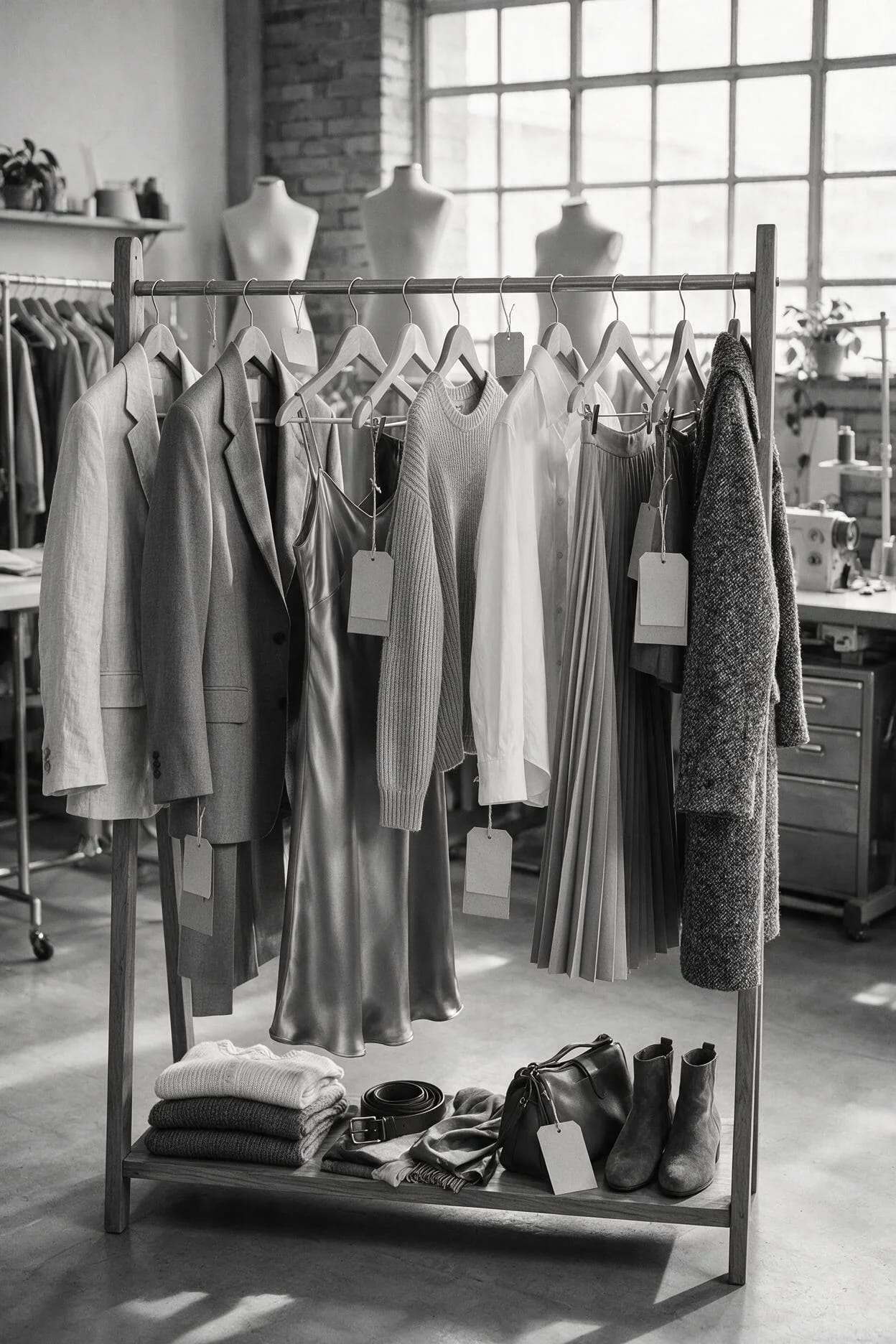 Arara de looks organizada por bloco de cena em produção de moda em São Paulo