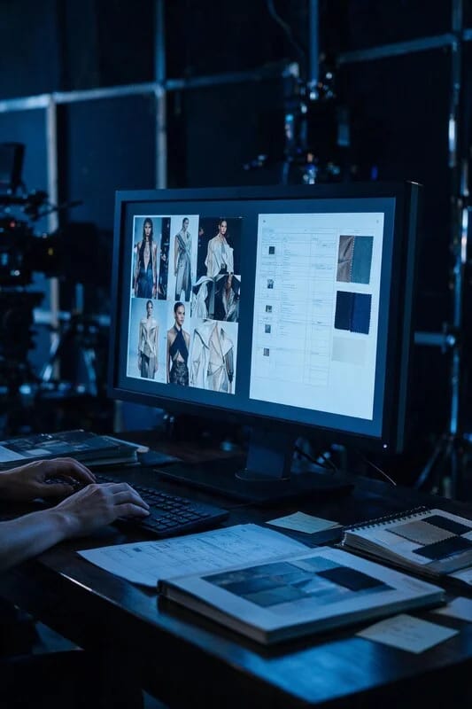 Monitor de referência e planilha de decupagem em set de campanha de moda
