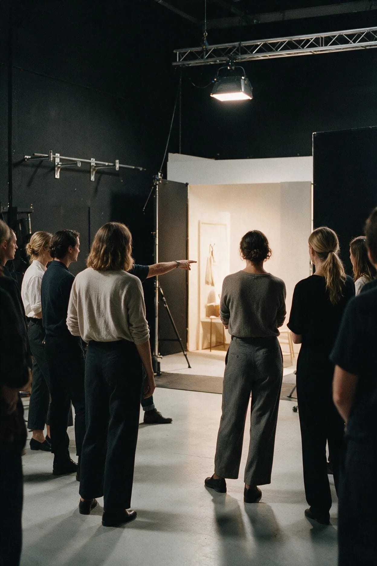 Participantes de workshop de fotografia recebendo direção ao vivo em set