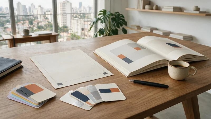 Materiais de um projeto de branding completo dispostos sobre mesa de trabalho