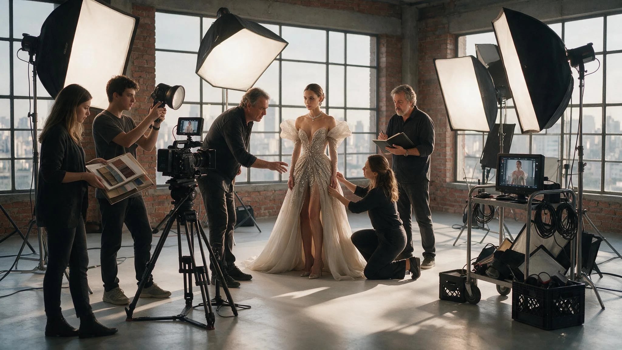 Set de produção de moda em São Paulo com equipe de direção e styling em operação